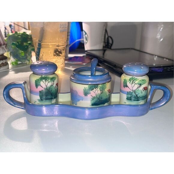 Vintage Lusterware condiment set. Made In Japan Blue Lusterware SP tray spn - Picture 2 of 11